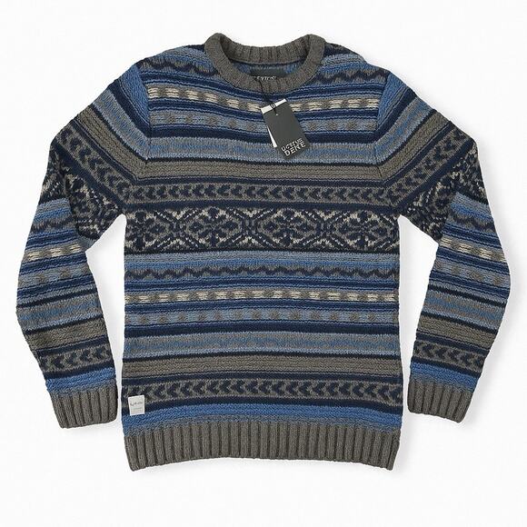 Native Youth Fair Isle Knit Sweater Blue Gray Wool Blend Men’s LGE NWT MSRP $100 - Picture 2 of 14